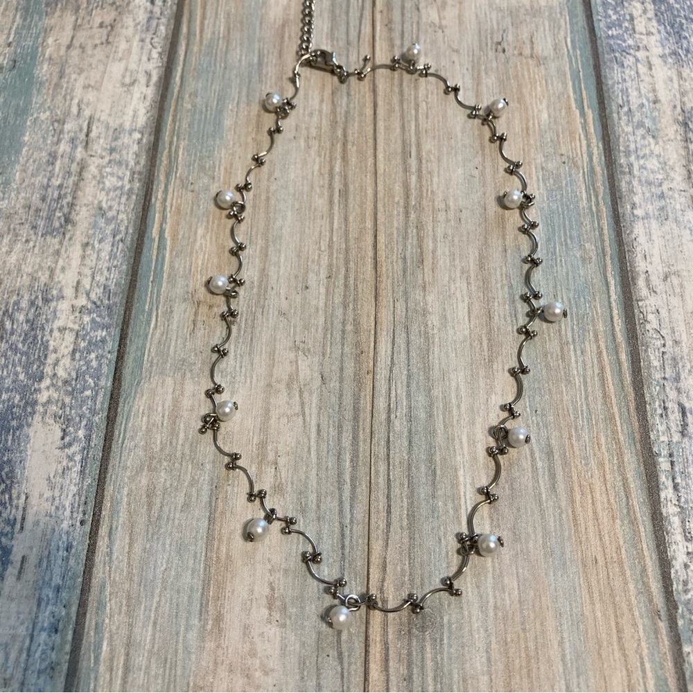 Dainty BarBell Necklace Faux Pearls Silver Tone Chain Choker 14" w/ 2"‎ extender